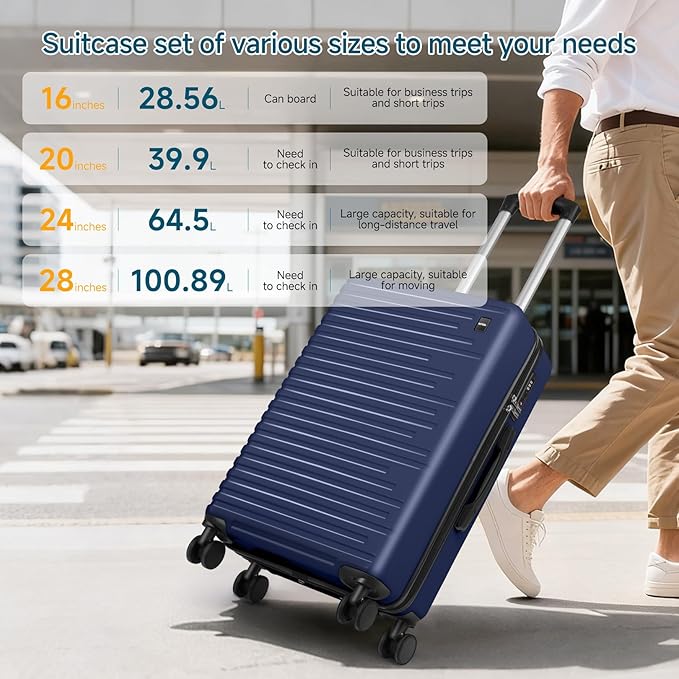 Hoteel Luggage Sets 5 Piece, 4-Year Warranty, Carry-On Luggage with Dual-Spinner Wheels, PC+ABS Hardside Suitcase Set with TSA Lock, Durable Large Suitcase, Dark Blue(20/24/28/DB/TB)