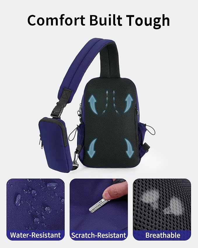 ECOHUB Anti-Theft Crossbody Bag Men Women, RFID Blocking Lightweight Sling Backpack Eco-Friendly with 9 Pockets Sturdy SBS Zippers Water Resistant for Travel Work Hiking Outdoor, Blue