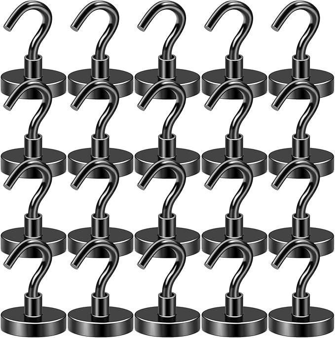 DIYMAG Black Magnetic Hooks, 85 LB Heavy Duty Strong Magnet with Hook, Rare Earth Neodymium Magnets for Hanging, Magnetics Hanger for Curtain, Home, Kitchen, Workplace, 20 Packs