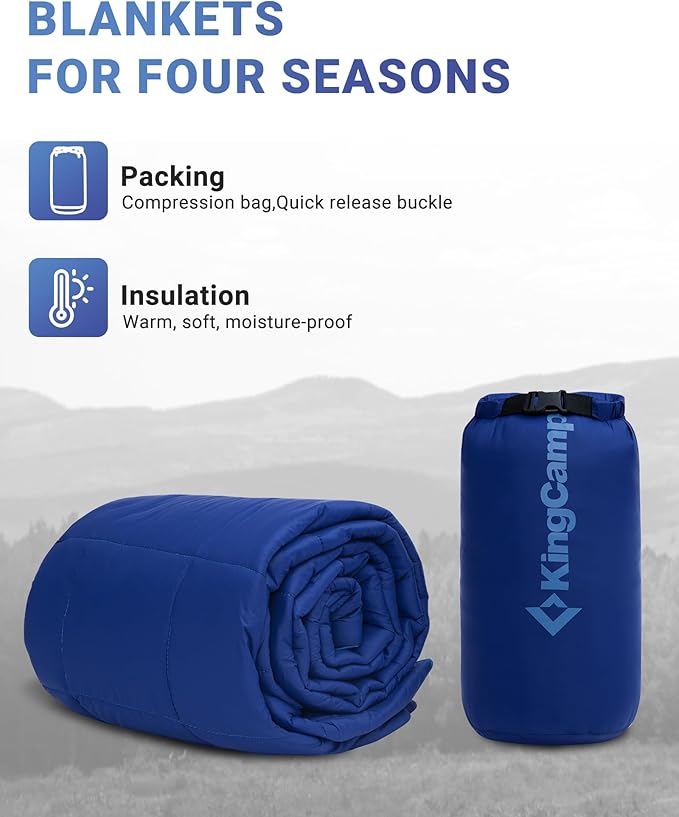 KingCamp Ultralight Camping Blanket, Packable Down Alternative Puffy Wearable Blankets Weatherproof Warm Package Quilt with Snap Buttons for Outdoor Hiking Travel Picnic Stadium (69" L x 53" W, Navy)