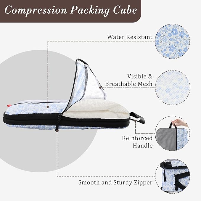 U+U 4 Set Compression Packing Cubes - Ultralight Travel Organizers, Space-Saving Suitcase Organizer, Expandable Packing Cubes for Travel, Business Trip and Family Vacation (Blue Flower)