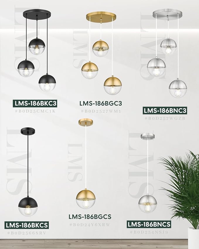 Modern 3-Light Cluster Pendant Lights, Matte Black Kitchen Island Light Fixtures with Clear Globe Glass Shade, Adjustable Hanging Light for Bathroom Bedroom Dining Room Living Room, LMS-186BKC3