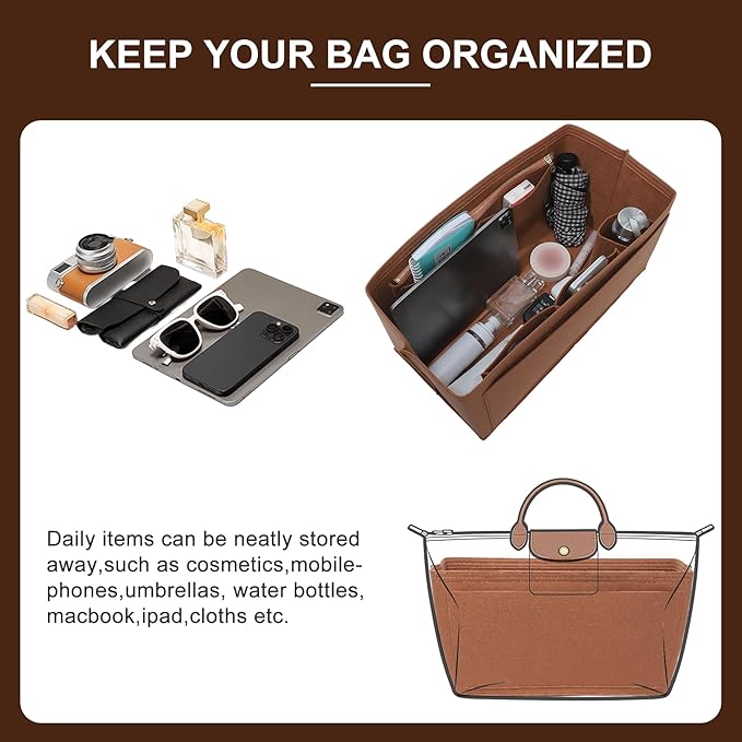 Doxo Felt Purse Organizer Insert for Longchamp Le Pliage L Travel Bag, Longchamp Orgainzer Insert Large with 9 Compartments and Zipper Water Bottle Holder, Fits Long Champ Large Bag (LT, Gold Brown)