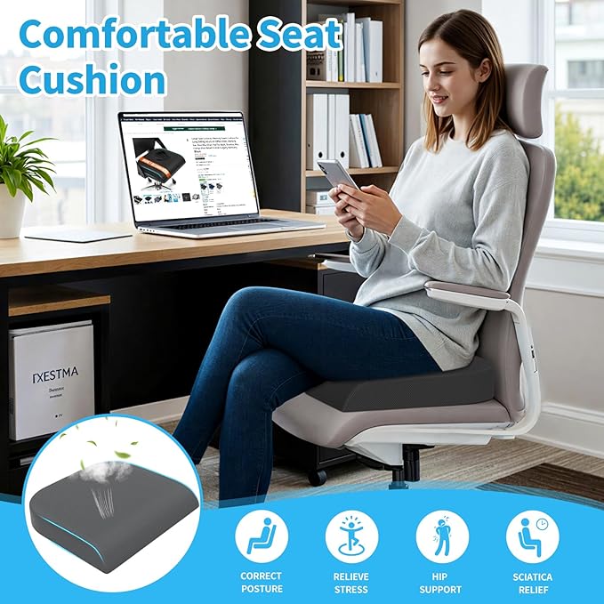 Large Seat Cushion，Soft Foam Cushion for Long Sitting Hours on Office Chair, Home & Car, Non-Slip Chair Pad for Relieving Back & Sciatica & Hip & Coccyx Pain (Grey)