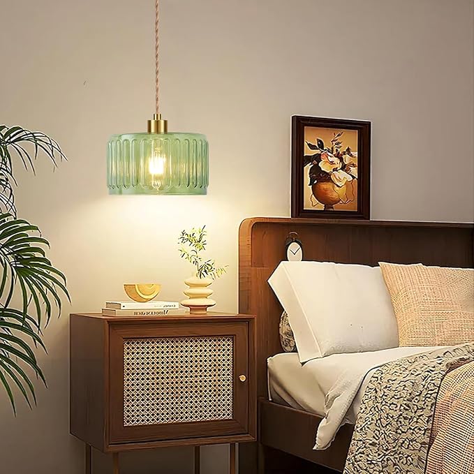 QIYIZM Plug in Pendant Light Hanging Lights with Plug in Cord Boho Hanging Lamp Glass Gold Mid Century Modern Vintage Dimmable Green Flower Plug in Chandelier Ceiling Fixture for Living Room,Kitchen