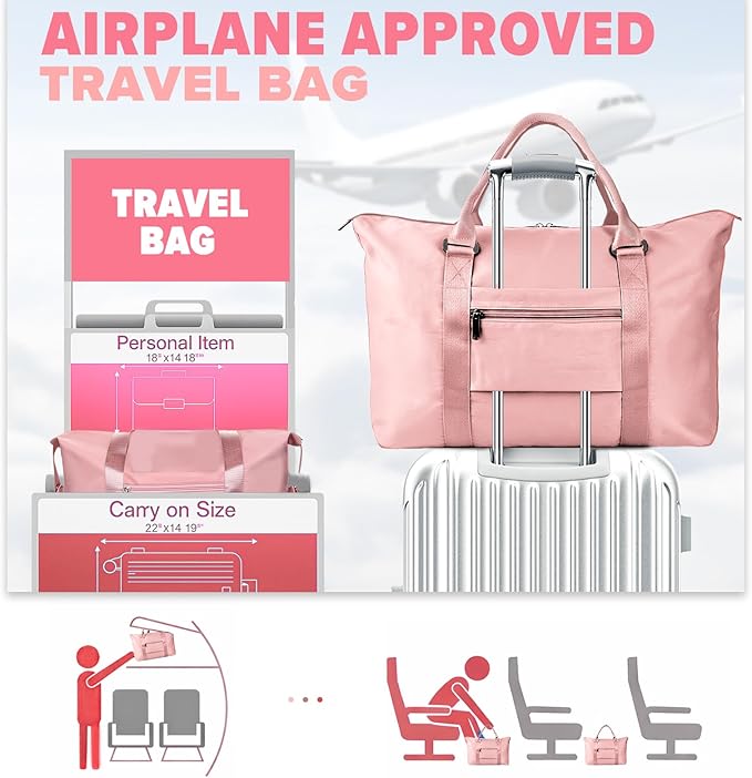 Travel Duffle Bag, Weekender Travel Bag Men Small Gym Bag for Women, Hospital Bag for Labor and Delivery, Overnight Bag Luggage Bag with Trolley Sleeve, Airplane Travel Essentials for Flying(Pink)