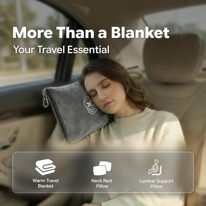Travel Blanket, Soft 2-in-1 Airplane Blanket, 65x40 Inches, Travel Essentials Car Blanket with Luggage Sleeve & Backpack Clip (Light Grey)