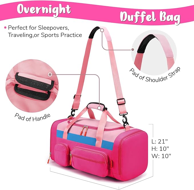 WOOMADA Kids Duffle Bag for Boys or Girls,Weekender Overnight Bag with Shoe Compartment & Wet Pocket Perfect For School, Sports, Overnight Trips(Hot Pink)