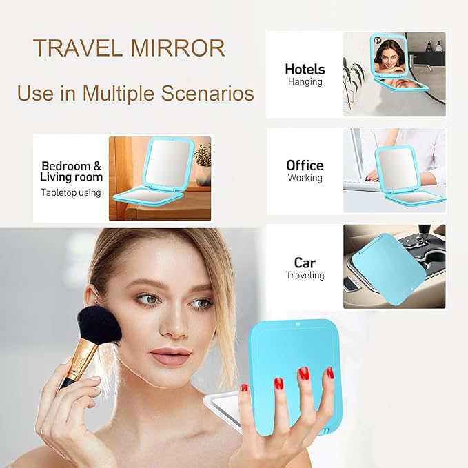 CYHTSHFZ Small Compact Mirror for Purse,5X/1X Travel Magnifying Mirror for Women, Makeup Mirror for Girls, Portable Ultra Slim Pocket Mirror（Light Blue）