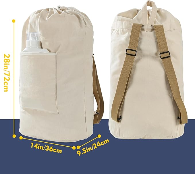 Canvas Laundry bag, Washable Laundry backpack, Adjustable Straps, Large Front Pocket, Drawstring Closure (BEIGE, X-Large)