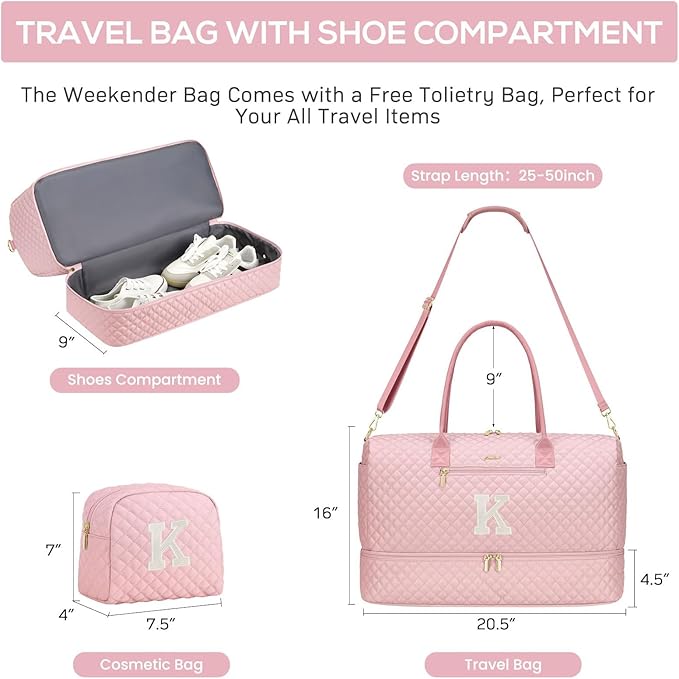 Letter Weekender Bags for Womens - Duffle Bag with Shoe Compartment Personalized Overnight Bag with Toiletry Bag Duffel Bags for Gym Hospital Bags Gift for Women Pink (Letter K)