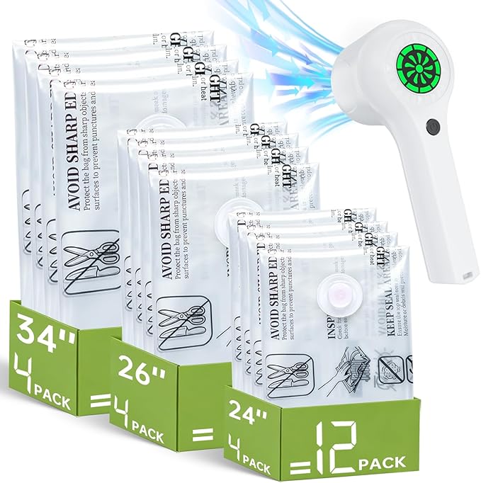 Vacuum Storage Bag with Rechargeable Cordless Pump, 12 Pack Vacuum Seal Space Saver Bags for Clothing Clothes Travel Home