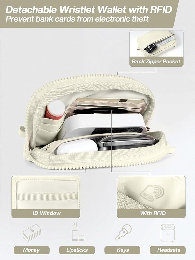Tiostep Clip and Go Strap for Phone with Wallet Crossbody Phone Lanyard Adjustable and Detachable Wristlet Wallet with ID Window and Zipper, Beige