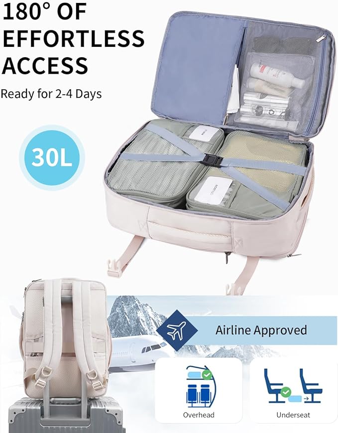ECOHUB Carry On Travel Backpack, Expandable Airlines Personal Item Bag 18x14x8, Water Resistant 17 inch Laptop Backpack Flight Approved, 12 Pockets 30L Work Backpacks with Wet Pocket & Cable Slot