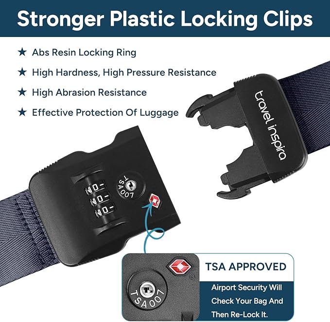Travel Inspira Luggage Straps TSA Approved, 2 Pack Navy Blue Suitcase Straps with TSA Lock, Heavy Duty Adjustable Cross Travel Belt, Locking Bag Straps for Suitcases, Anti-Theft Travel Gear