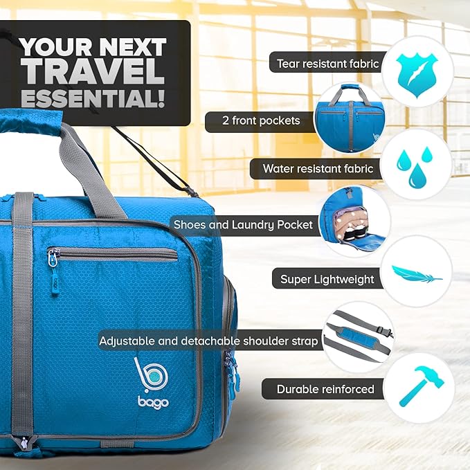 Bago Compact Duffle Bag for Travel Women & Men. Durable Lightweight Foldable Travel Duffel Bags For Traveling Women. 40L Duffle Bags a Reliable Weekender duffel or Overnight Bag With Shoe Compartment