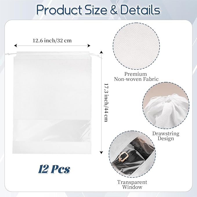 12 Pcs Portable Travel Shoe Bags, 17.3 x 12.6 Inches Waterproof Non-Woven Shoe Organizers Storage Bags, Large Drawstring Shoes Pouch Packing Organizers with Rope for Men, Women, Children (White)