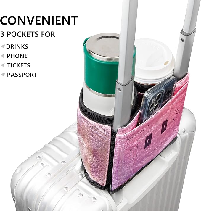riemot Luggage Travel Cup Holder Free Hand Drink Carrier - Hold Two Coffee Mugs - Fits Roll on Suitcase Handles - Gifts for Flight Attendants Travelers Accessories Glitter Pink