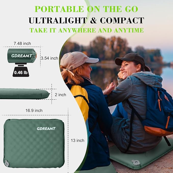 Inflatable Seat Cushion, Self-Inflating Memory Foam Stadium Seats Cushion Lightweight & Compact Chair Sitting Pad Airplane Cushion for Long Flight Travel Outdoor Camping Car Bleachers Office