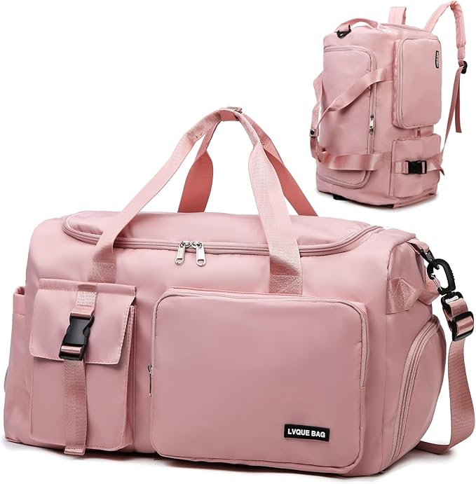 Eslcorri Gym Duffle Bag for Women Men, Sports Backpack with Wet & Shoe Compartment, Fitness Overnight Weekender Bag for Yoga, Swim, Travel (Style B, Pink)