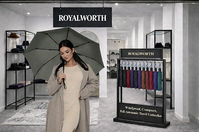 Windproof Travel Umbrella - Compact, Light, Full Automatic Open/Close - Folding Backpack Umbrella for Rain & Sun UV Preotection For Men & Women, Unbreakable 8 Fiberglass Ribs UK Design