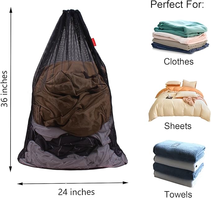 2 Pack Mesh Laundry Bags, 24 x 36 Inches Heavy Duty Drawstring Bag, Factories, College, Dorm, Travel and Apartment Dwellers, Black