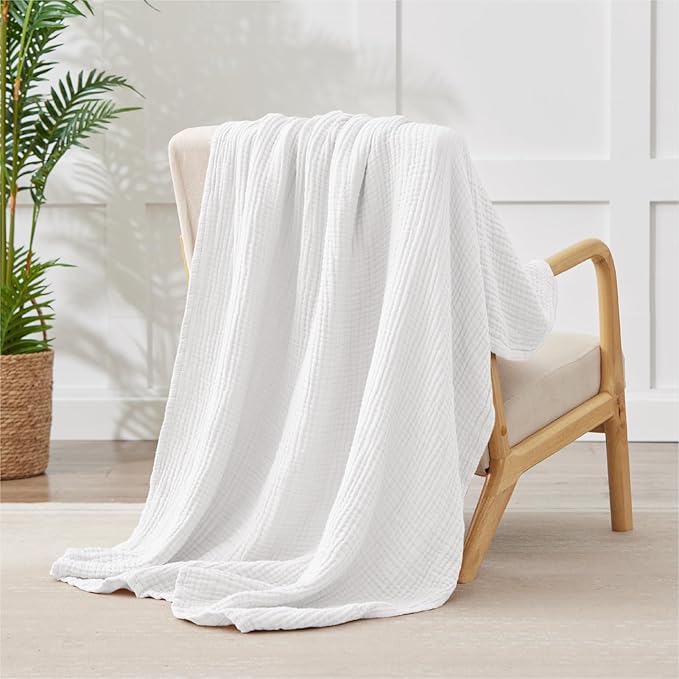 100% Cotton Twin XL Blankets for Bed 66" x 90", Cooling and Soft Muslin Throw Blanket, Soft Boho Coverlet Bedspread, Gauze Bedding for Adults All Season, White