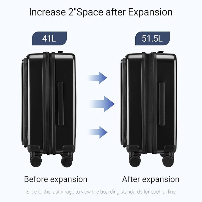 Carry On Luggage with Top Opening, Expandable with Front Pocket and USB Charging Port, Lightweight with Front Compartment Rolling Suitcases with Spinner Wheels (Black, 20 Inch)