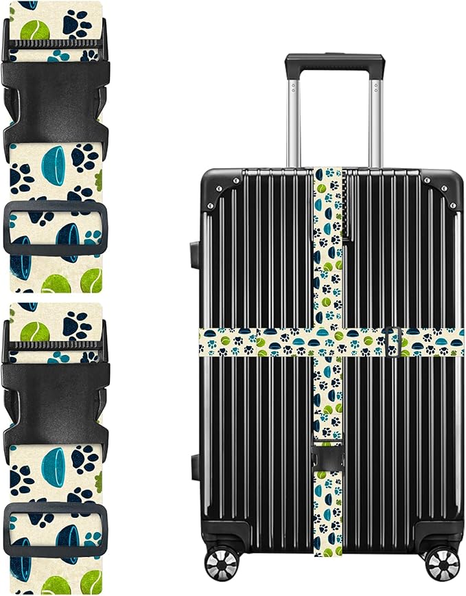 Nuxovilar Luggage Straps of 2 Set Pet Paws Bowls Tennis Balls Pattern, 1.96x90.5 inches - Luggage Straps for Suitcases, Ideal for Pet Owners, Travel, Outdoor Trips