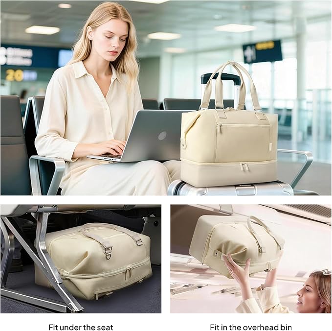 Travel Duffle Bag for Women, 40L Weekender Bags Airline Approved Carry On with Shoe Compartment & Waterproof Wet Pocket, Durable Nylon Weekender Overnight Bag for Travel, Gym, Business Trip, Beige