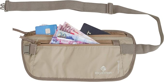 Eagle Creek RFID Blocker Money Belt DLX - Travel Essentials Belt Bag for Men and Women, Adjustable, Moisture-Wicking, Tan