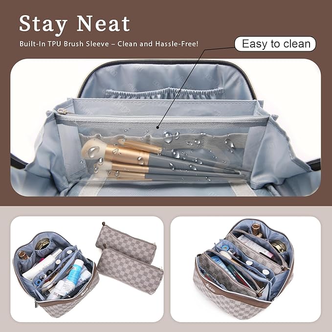 BOYATU Travel Makeup Bag Organizer Cosmetic Bag: 3 Pcs Set Make up Bags for Women with Handle - Waterproof Vegan Leather Toiletry Bags Travel Essentials Pouch with Compartments (H-02-Grey)