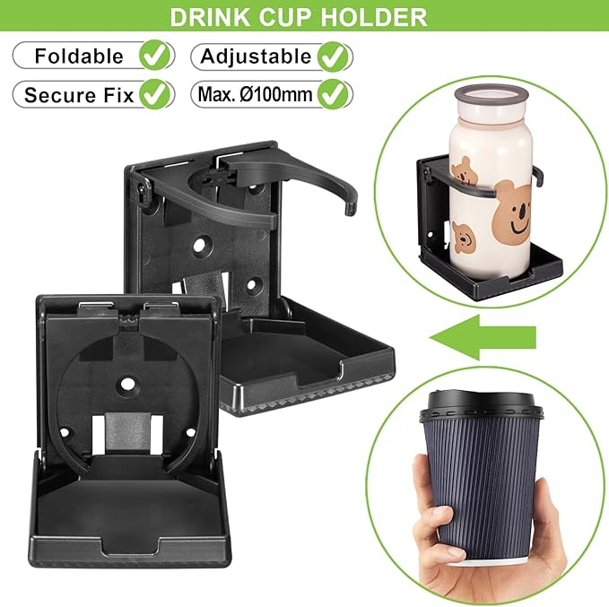 Spurtar 2pcs Boat Cup Holder Suitable for Most Size Mugs Water Bottle Drink 2.36-3.94Inch/60-100MM Adjustable Folding Wall Car Desk Cup Holder for Trucks, RVs, Vans, Boats, Campers, Caravans