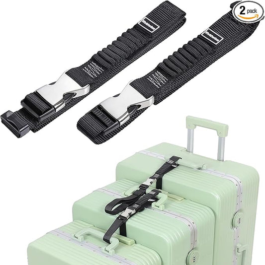 Luggage Straps, Stretchable Luggage Connector Straps for Suitcases, Metal Buckle Add A Bag Adjustable Attachment Accessories Belts (Black-Metal Buckle, 1" W)