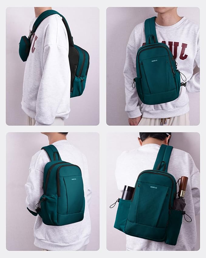 ECOHUB Anti-Theft Crossbody Bag Men Women, RFID Blocking Lightweight Sling Backpack Eco-Friendly with 9 Pockets Sturdy SBS Zippers Water Resistant for Travel Work Hiking Outdoor, Turquoise