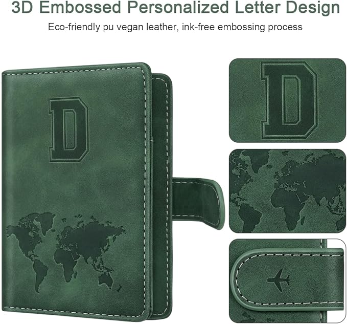 Personalized D Passport Holder Cover Initial Letter Travel Wallet RFID Blocking Passport Cover Credit Card Holder Case Passport Book Holders for Women and Men, Pine Green-D