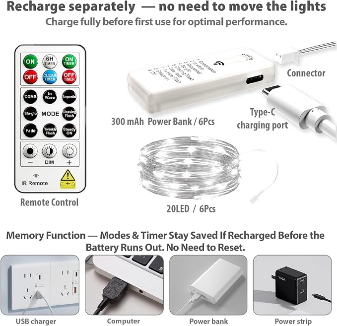 HXWEIYE 6 Pack Rechargeable Fairy Lights with Remote, 7ft 20LED | Battery Operated, 8 Modes & DIY Timer, Mini Twinkle String Light for Mason Jar Wedding Table Wreath Christmas,White