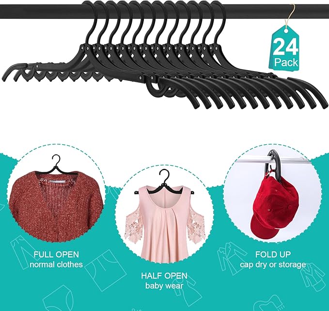 24PCS Travel Hangers, Portable Foldable Clothes Hangers, Black, Non-Slip, Foldable Clothes Drying Rack for Travel and Home
