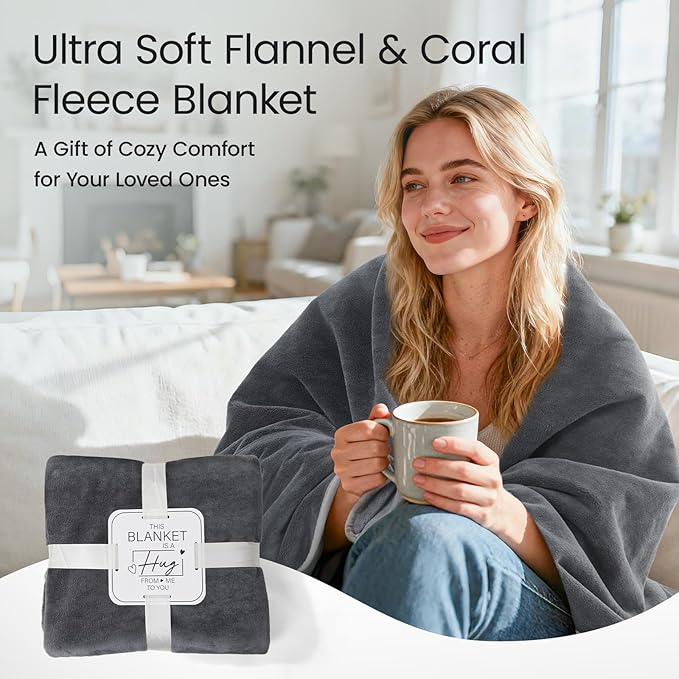 LOOBANI Waterproof Blanket for Bed: Reversible Leakproof Full/Queen Bed Blankets 80" x 90", Soft Flannel & Coral Fleece Bed Blanket Water Resistant for Couch Sofa Cover, Movie Time, Camping, Grey