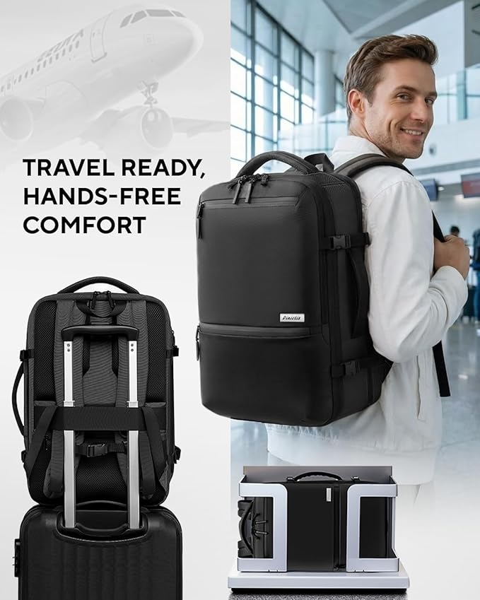 Dinictis Vacuum Seal Travel Backpack 60L Built-in Pump, Expandable Backpack with Vacuum Compression Fits 17 inch Laptop, Water Resistant Carry On Suitcase Luggage for Short Trip and Business-Black
