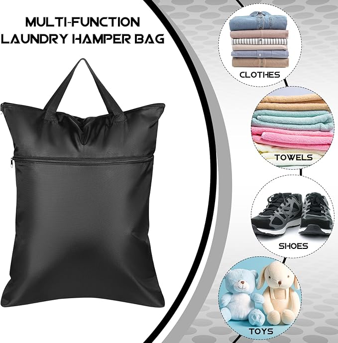 Kingdder 2 Pcs Large Travel Laundry Bag for Dirty Clothes with Handle 18" x 23" Heavy Duty Waterproof Wet Dry Bags for Swimsuit with 2 Zippered Pockets Washable for Sports Gym Dorm(Black)