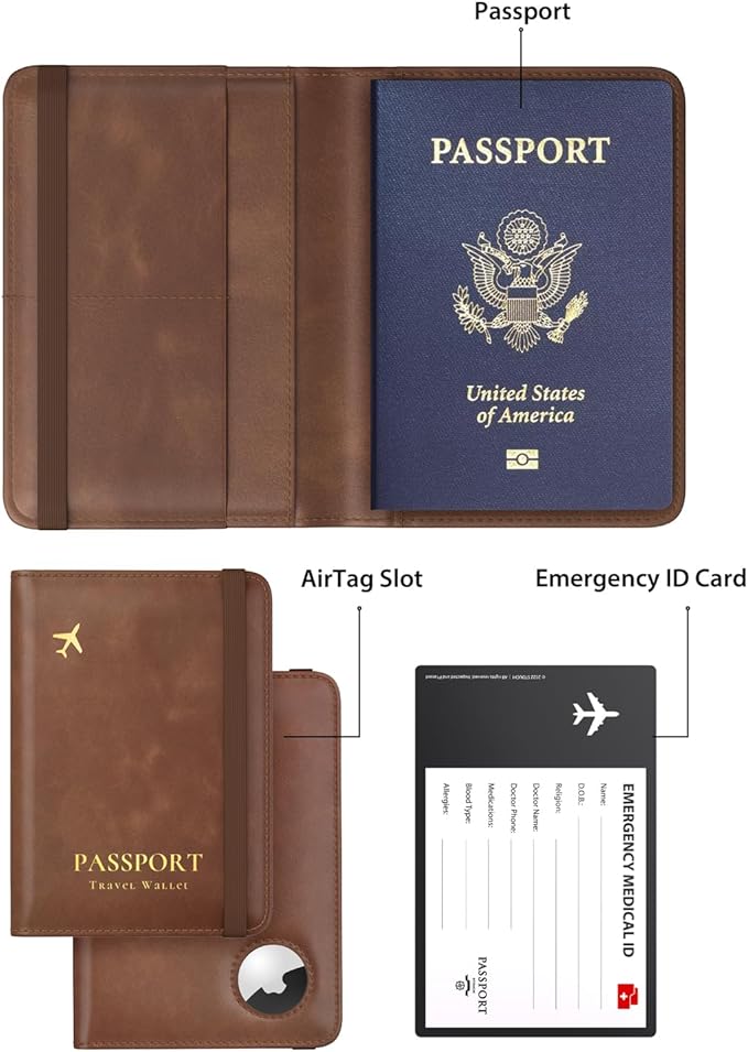 Stouchi AirTag Passport Holder, RFID Passport Holder with Airtag Slot, Multiple Passport Wallet Cover for Men, Leather Passport Case, Anti-Lost Waterproof Travel Accessories, Brown