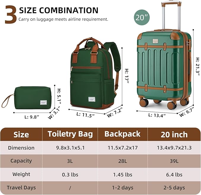 LARVENDER Luggage Sets 3 Piece Expandable Carry on Luggage 22x14x9 Airline Approved Hardshell Suitcase with Wheels TSA Lock, Lightweight Suitcase Set for Women with Travel Backpack, Green