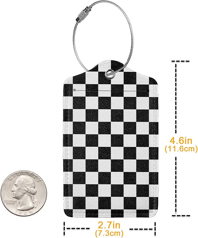 2 Pack Luggage Tags for Travel PU Leather Luggage Tag Name ID Labels with Privacy Cover for Suitcases Women Men Kids Girls (Black and White Grid)
