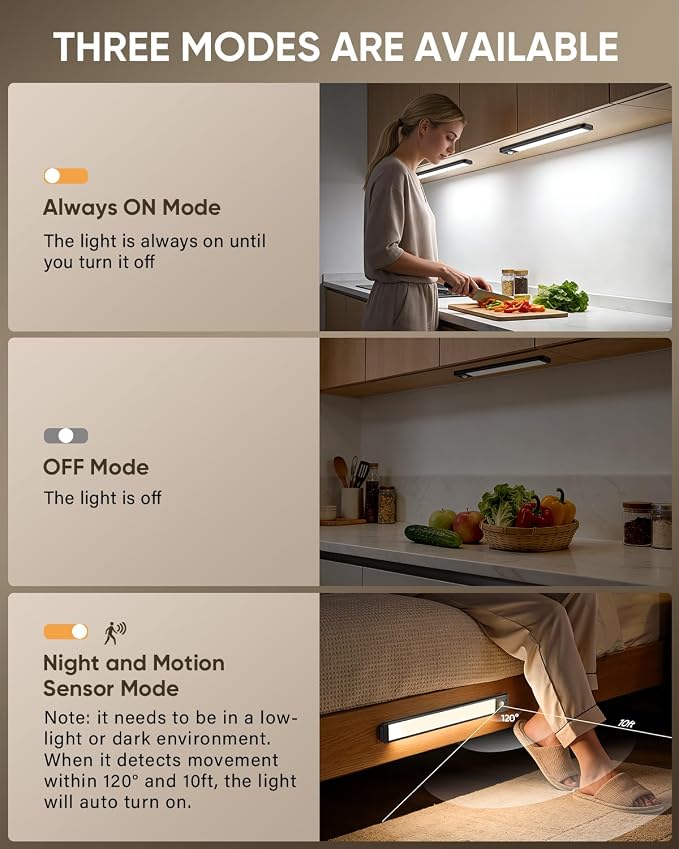 MCGOR 5 Pack 10inch Under Cabinet Lighting, Rechargeable Motion Sensor Light Indoor with 3 Color Temps, Dimmable Magnetic Led Closet Lights, Wireless Under Counter Lights for Kitchen, Stairs,Black