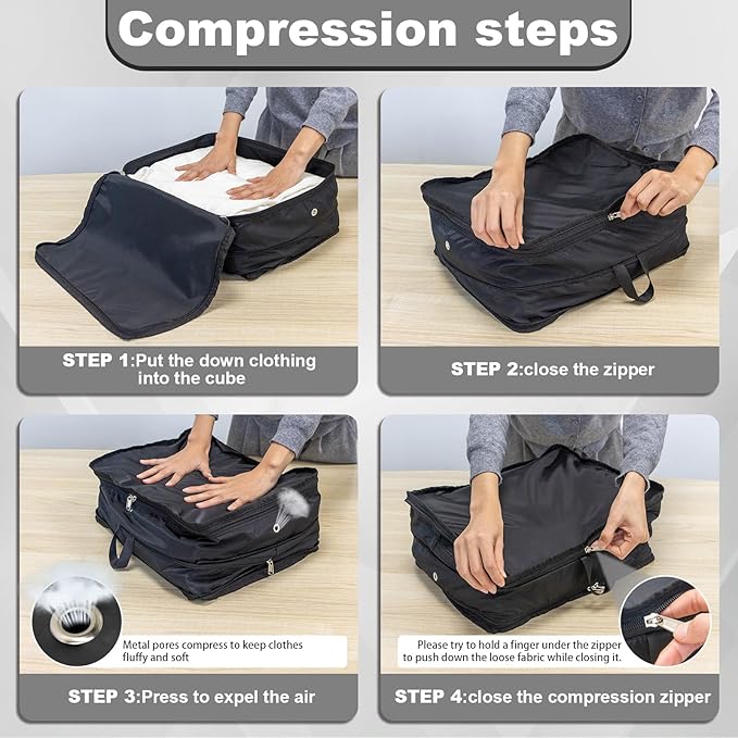 Compression Packing Cubes, 2pc Compression bags for Travel Packing Organizer, Expandable Compression Cubes for Travel, Black