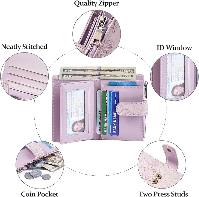 GAEKEAO Womens Wallet Small Vegan Leather RFID Blocking Bifold Zipper Pocket Wallet Card Case Purse with ID Window