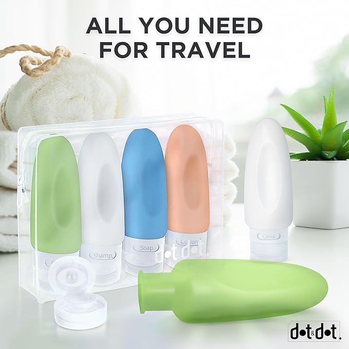 Dot&Dot Leak Proof Travel Bottles - Tubes for Liquid TSA Approved 3oz Silicone Toiletries Travel Shampoo & Conditioner Containers with Labels
