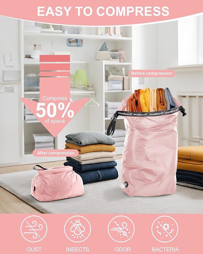 Travel Laundry Bag, Pump-Free Vacuum Compression Dirty Clothes Bag, Medium Reusable Waterproof & Washable Laundry Bag, Wet and Dry Bag, Ideal for Suitcases, Laundromats (1 Pack) Pink