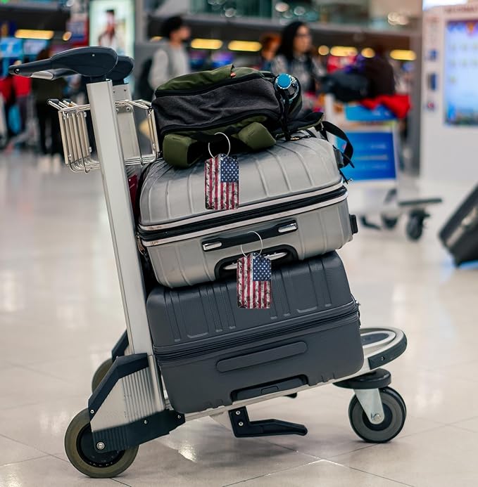 2 Pack American Flag Luggage Tags for Suitcases, Cool Leather Luggage Tag for Travel, Bag Tag Privacy Name ID Card Bag Labels for Friends Adults Kids Tourists
